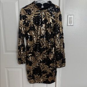 SHEIN Black and Gold Sequin Long Sleeve Dress